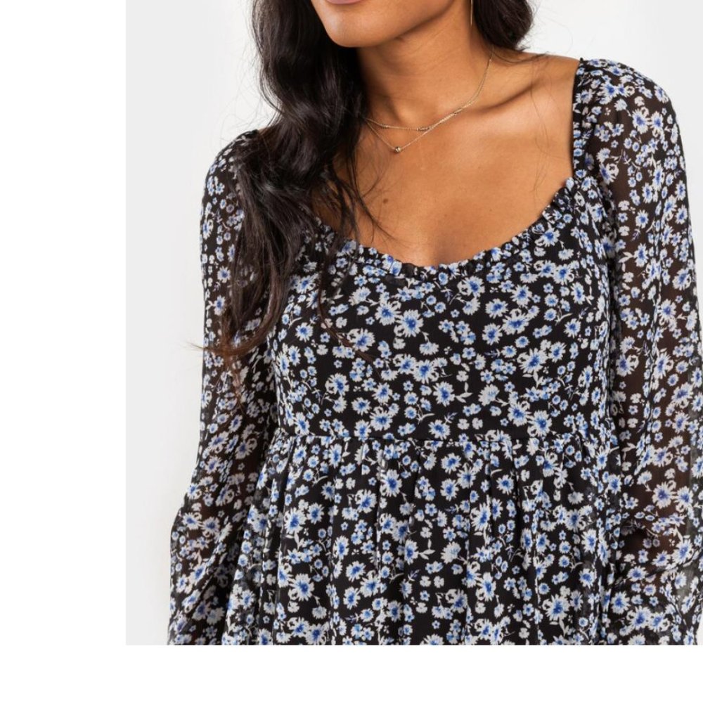 NWT! Floral Long Sleeve Black and White Mini Dress - Picture 5 of 6